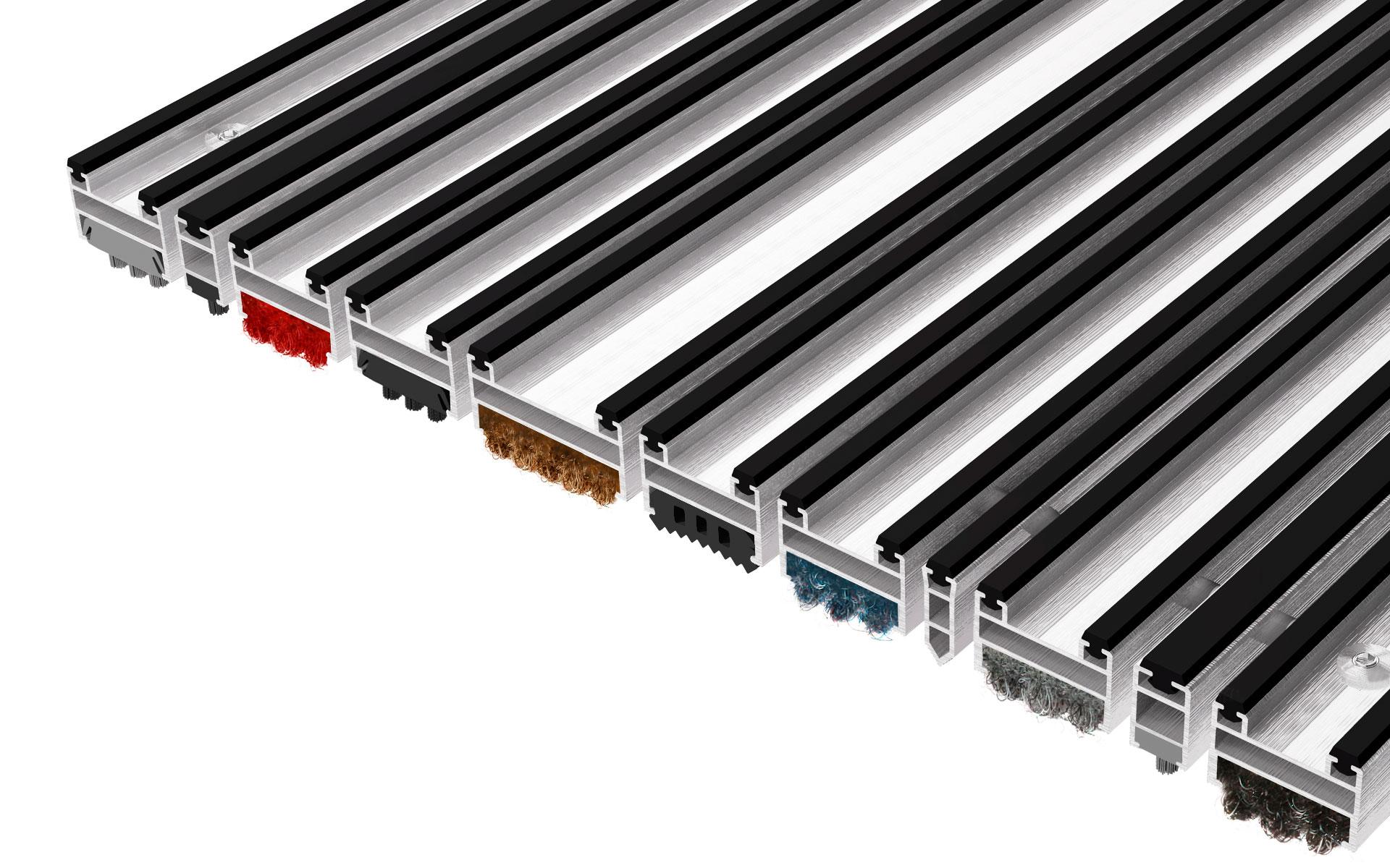 Close-up view of modular aluminum entrance mats with alternating black rubber strips and coloured carpet inserts, designed for durability and dirt collection.